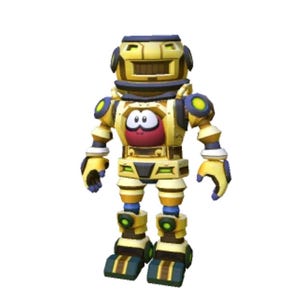 May include: A cartoon robot character with a yellow and blue color scheme. The robot has a box-shaped head, circular eyes, and a red spherical body. Its arms and legs are segmented, and it has large, blocky feet.