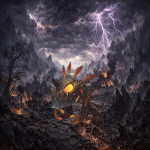 May include: A digital illustration of a fantasy creature with a reptilian head, orange horns, and glowing yellow eyes. The creature is set against a dark, stormy landscape with lightning and fire.