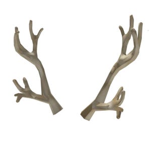 May include: A pair of light brown decorative antlers. The antlers are stylized with multiple points and a naturalistic design. The image is set against a white background, highlighting the form and texture of the antlers.