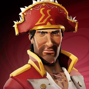 以下が含まれることがあります： 厳しい表情の海賊のデジタルイラスト。 金色のトリムと白いスパイクが付いた赤い三つ角帽子、金色のアクセントが付いた赤いジャケット、白いシャツを着ています。 胸にはタトゥーが見えます。