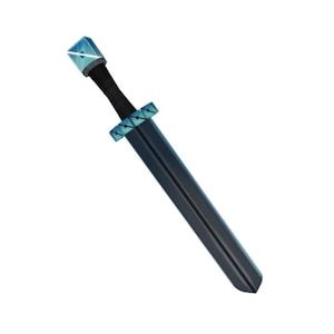 Może przedstawiać: Stylizowany miecz z ciemnoniebieskim ostrzem i czarnym uchwytem. Jelec ma geometryczny wzór w odcieniach niebieskiego i turkusowego, a głowica to fasetowany niebieski kryształ. Miecz jest umieszczony na białym tle.