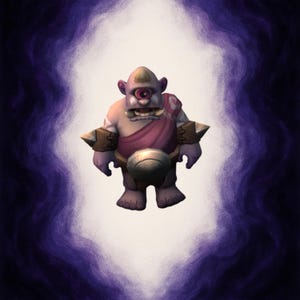 May include: A digital illustration of a cartoon cyclops character. The cyclops has purple skin, a single red eye, and wears a pink tunic and a metal belt. The character has spiky armbands and is set against a purple and white background.