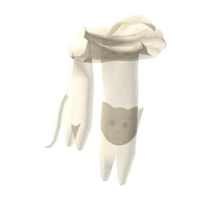 May include: A cream-coloured cat-shaped scarf with a folded top. The scarf features a cat face design on the lower portion. The scarf is made of a soft, lightweight material.