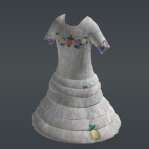 Könnte beinhalten: Ein weißes Kleid mit kurzen Ärmeln und einem gestuften Rock. Das Oberteil und die Ärmel sind mit farbenfrohen Blumenstickereien in Rot-, Lila- und Gelbtönen verziert. Das Kleid hat einen Rundhalsausschnitt.