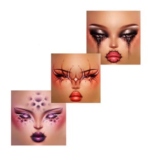 Può includere: Tre illustrazioni digitali di volti con distinti stili di trucco. Il volto in alto ha occhi scuri e fumosi con strisce nere simili a lacrime e labbra rosse. Il volto centrale mostra un eyeliner grafico arancione e labbra rosse.