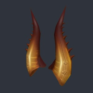 May include: A pair of stylized, golden-yellow horns with a gradient that fades to a reddish-brown at the tips. The horns have a series of small, pointed spikes along the edges and are designed with a curved shape.