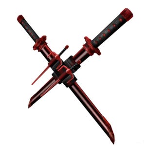 May include: Two crossed red and black swords with a small dagger in the center. The swords have black handles with red accents and a red blade. The small dagger is red.