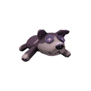 May include: A handmade plush dog toy in shades of purple and gray. The dog has button eyes and a stitched nose. The toy is lying down, with its paws extended. The dog's body is made of a knitted fabric.
