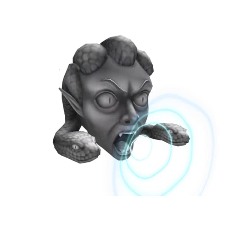 May include: A gray Medusa head sculpture with snakes and an open mouth. The sculpture has a detailed face with an angry expression and is surrounded by a blue, swirling energy effect. The snakes are positioned on either side of the head.