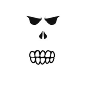 Könnte beinhalten: Schwarz-weiße Grafik eines Totenkopfgesichts. Der Schädel hat schwarze, angewinkelte Augenbrauen, eine dreieckige Nase und eine Zahnreihe. Das Bild ist ein einfaches, minimalistisches Design.