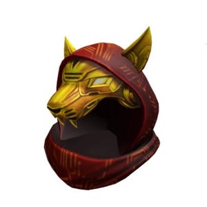 Könnte beinhalten: Eine rote Kapuzenmaske mit einem goldenen Wolfskopfdesign. Der Wolfskopf hat eine metallische Oberfläche und leuchtende Augen. Die Kapuze hat ein rot-goldenes Muster.