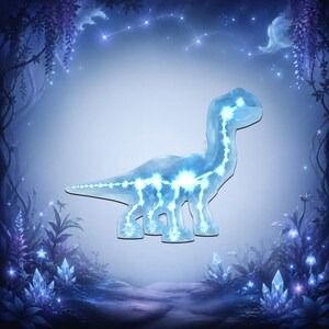 May include: An illustration of a glowing blue dinosaur with a constellation design. The artwork features a fantasy forest background with purple foliage and sparkling crystals. The dinosaur is the focal point, with bright, glowing accents.