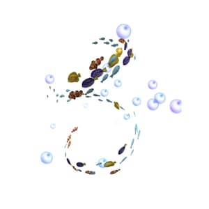 May include: A collection of small, colorful tropical fish including orange and white clownfish, yellow tangs, and dark blue tangs, arranged in a swirling, upward-moving pattern interspersed with translucent, light blue circular bubbles.