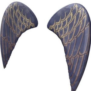 May include: A pair of blue angel wings with gold detailing. The wings are made of a soft, flexible material and are perfect for adding a touch of whimsy to any costume or party.