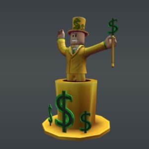 May include: A cartoon figure in a yellow suit and top hat, emerging from a gold cylinder decorated with green dollar signs. The figure holds a dollar sign cane, with a neutral expression. The background is a solid grey.