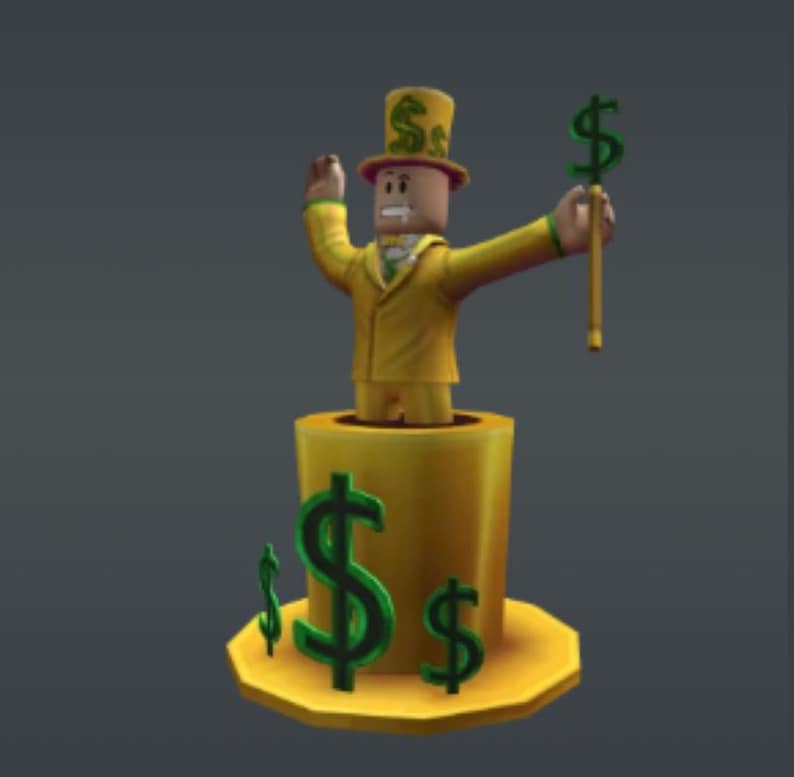 May include: A cartoon figure in a yellow suit and top hat, emerging from a gold cylinder decorated with green dollar signs. The figure holds a dollar sign cane, with a neutral expression. The background is a solid grey.