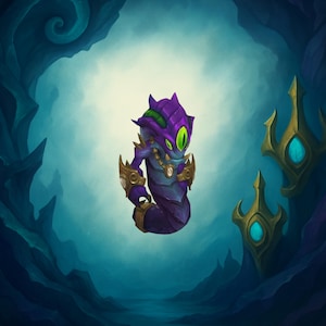 May include: A digital illustration of a fantasy creature with a purple body, green eyes, and gold accents. The creature has a serpentine form and is set against a blue and teal background with decorative elements.
