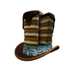 Könnte beinhalten: Ein skurriler brauner Zylinder mit Kuchen-Design. Der Hut hat eine breite Krempe und ein dekoratives Band mit einem blau-goldenen Wirbelmuster. Zwei Kuchenstücke mit Schokoladenüberzug befinden sich oben.