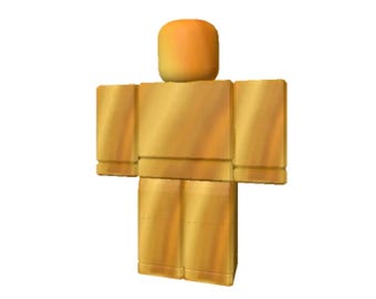May include: A golden-colored, blocky avatar figure with a rounded head, rectangular torso, arms, and legs. The figure has a smooth, metallic appearance, suggesting a polished or reflective surface. The design is reminiscent of a popular online gaming platform.