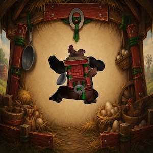 May include: A digital illustration of a dark-furred creature wearing a red woven backpack with a chicken perched on top. The backpack holds a small frying pan and a tiny basket. The scene is set within a rustic wooden barn frame with hay.