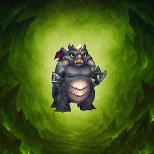 Pode incluir: Uma ilustração digital de uma criatura de desenho animado cinza escuro com uma coroa pontiaguda e uma barriga de cor clara. Possui pequenas asas, armadura nos braços e uma pequena lâmina. O fundo é um design verde e preto rodopiante.