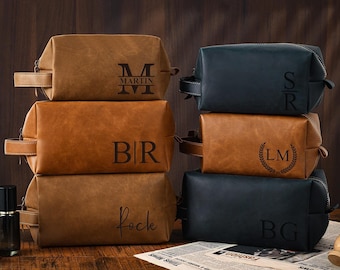 Gepersonaliseerde leren toilettas, gegraveerd leren reisset, cadeaus bruidsjonkers, jubileumcadeau, leren dopp-tas voor heren, cadeau voor papa hem