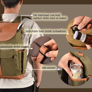Puede incluir: Una mochila de lona verde con detalles de cuero marr&oacute;n y una hebilla de metal. La mochila tiene un bolsillo lateral y un abridor de botellas de cerveza desmontable. La mochila est&aacute; personalizada con el nombre "Jacob".