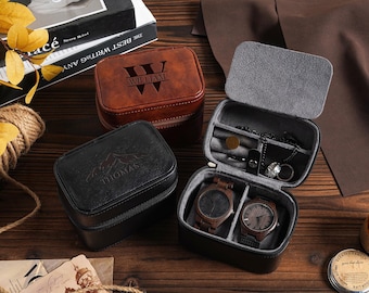 Caja de reloj personalizada para hombre, caja de reloj de viaje grabada, estuche de cuero para reloj de viaje, joyero de viaje, caja de reloj de viaje grabada, regalo para él