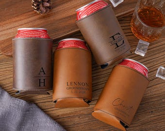 Personalized Leather Can Cooler, Engraved Groomsman Beer Holder, Wedding Party Gifts