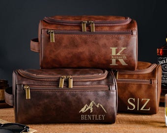 Neceser personalizado con grabado - Neceser de viaje para padrinos de boda - Neceser de cuero - Neceser de viaje de cuero para hombre - Neceser para papá - Regalo para hombre
