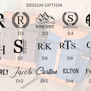 Puede incluir: Un cuadro de opciones de dise&ntilde;o para una mochila de cuero personalizada. El cuadro muestra 15 opciones de dise&ntilde;o diferentes, incluyendo iniciales, nombres y monogramas. Las opciones est&aacute;n etiquetadas con los n&uacute;meros D1 a D15.