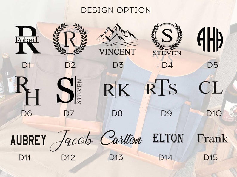 Puede incluir: Un cuadro de opciones de dise&ntilde;o para una mochila de cuero personalizada. El cuadro muestra 15 opciones de dise&ntilde;o diferentes, incluyendo iniciales, nombres y monogramas. Las opciones est&aacute;n etiquetadas con los n&uacute;meros D1 a D15.