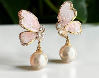 Pink Butterfly Pearl Drop Earrings Gold Crystal Studs Elegant Bridal Jewelry Gift for Her