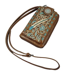 Western Tooled Leather Cross Body Phone Case with Turquoise Feather & Floral Design