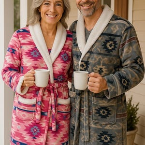 May include: Two people wearing matching patterned robes, holding white mugs. One robe is pink with blue and white designs, the other is gray with navy and brown patterns. Both robes have white trim and pockets.