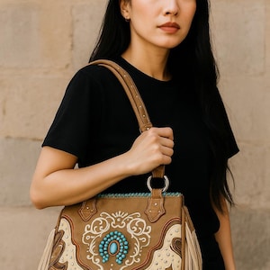 Puede incluir: Bolso de mano de cuero marrón con diseño de herradura turquesa y flecos. El bolso tiene un patrón decorativo con detalles en blanco y marrón. El asa es marrón con tachuelas plateadas.