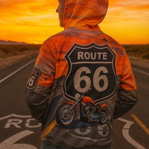 Può includere: Felpa con cappuccio arancione e grigia Route 66 con grafica motociclistica sul retro. La felpa presenta l'iconico logo dello scudo Route 66 con il numero 66 e un'illustrazione di una moto. Lo sfondo è un tramonto su un'autostrada deserta.