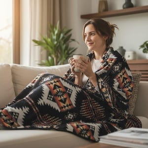 Könnte beinhalten: Eine Person sitzt auf einem cremefarbenen Sofa, eingehüllt in eine schwarz-weiß-orange gemusterte Decke und hält eine weiße Tasse. Die Decke hat ein geometrisches Design. Der Raum hat ein Fenster und Pflanzen.