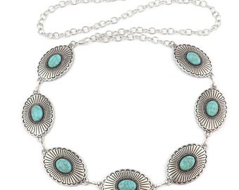 Silver Western Concho Link Chain Belt | Boho Turquoise  display picture 3