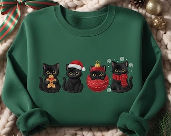 EMBROIDERED Christmas Black Cats Sweatshirt, Cute Holiday Cat Lover Sweater, Festive Kitty Crewneck, Funny Xmas Gift, Cozy Winter Cat Shirt
