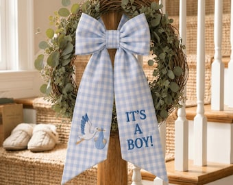 It’s A Boy Wreath Sash, Baby Announcement Door Bow, Blue Gingham Stork Embroidered Ribbon, Baby Shower Front Door Decor