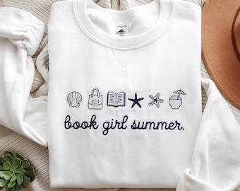 Book Girl Summer Embroidered Sweatshirt, Beach Book Lover Crewneck, Cute Summer Reading Sweater, Bookish Gift for Women, Coastal Vibes