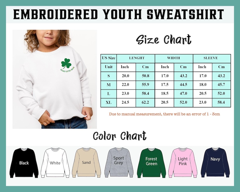 May include: White embroidered youth sweatshirt with a green shamrock and the text "Lucky Little Boss". The size chart shows measurements in inches and centimetres. Available colours include black, white, sand, sport grey, forest green, light pink, and navy.