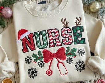 EMBROIDERED Christmas ICU Nurse Sweatshirt, Festive Nurse Sweater, Merry Nurse Crewneck, Registered Nurse Holiday Shirt