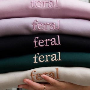 May include: Five sweatshirts stacked on top of each other. The sweatshirts are in different colors: pink, light purple, black, dark green, and beige. Each sweatshirt has the word "feral" embroidered on the front in a different color.