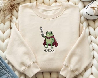 Embroidered Huzzah Frog with Sword Sweatshirt, Trendy Medieval Frog Shirt, Funny DnD T-Shirt, Renaissance Faire Frog Gift