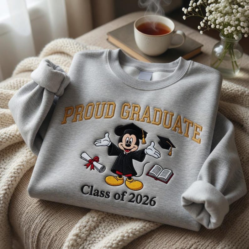 May include: A pale grey sweatshirt embroidered with "PROUD GRADUATE" in gold. It features Mickey Mouse in a graduation gown, a diploma, a mortarboard, and a book. The text "Class of 2026" is below. The sweatshirt is folded on a cream-colored blanket.