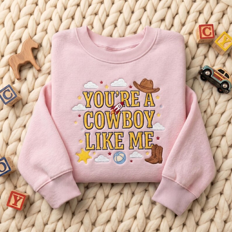 May include: A light pink crewneck sweatshirt featuring embroidered text that reads "YOU'RE A COWBOY LIKE ME" in yellow. The design includes small embroidered icons of a brown cowboy hat, a rocket ship, a yellow star, a blue ball, and brown boots.
