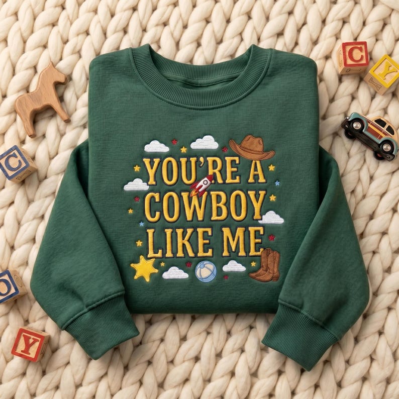 May include: A dark green long-sleeve sweatshirt featuring embroidered yellow text that reads "YOU'RE A COWBOY LIKE ME." The design includes colorful embroidered icons of a brown cowboy hat, a rocket ship, a ball, a yellow star, and white clouds.