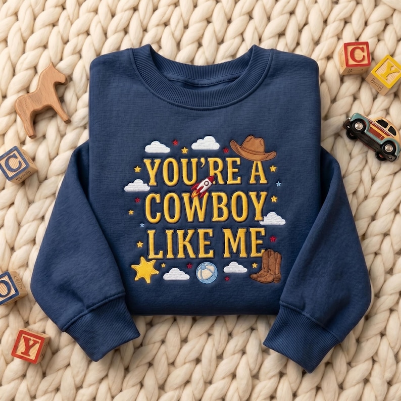 May include: A navy blue long-sleeve sweatshirt featuring yellow embroidered text that reads "YOU'RE A COWBOY LIKE ME." The design includes embroidered motifs of a brown cowboy hat, a pair of brown boots, a rocket ship, clouds, stars, and a ball.